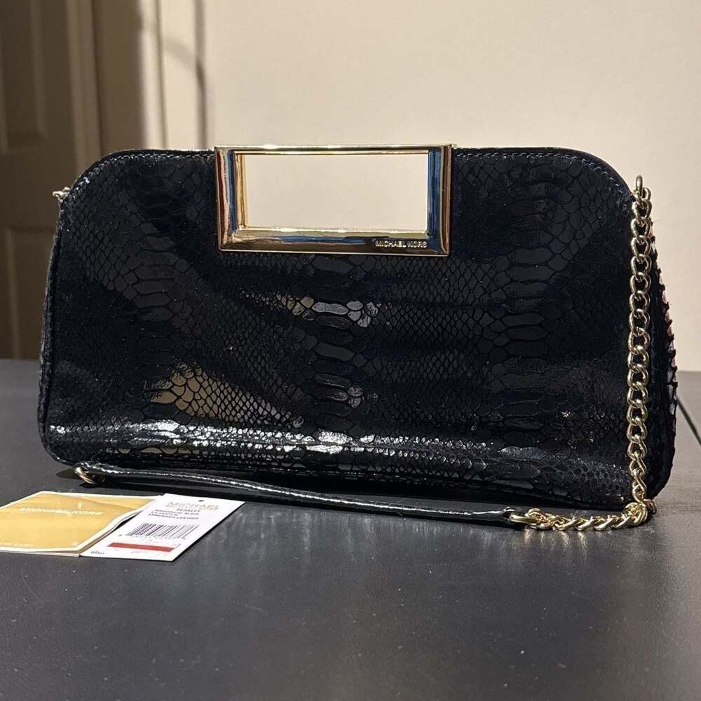 Michael Kors NEW Black Patent Embossed Python Leather W Chain & Tags